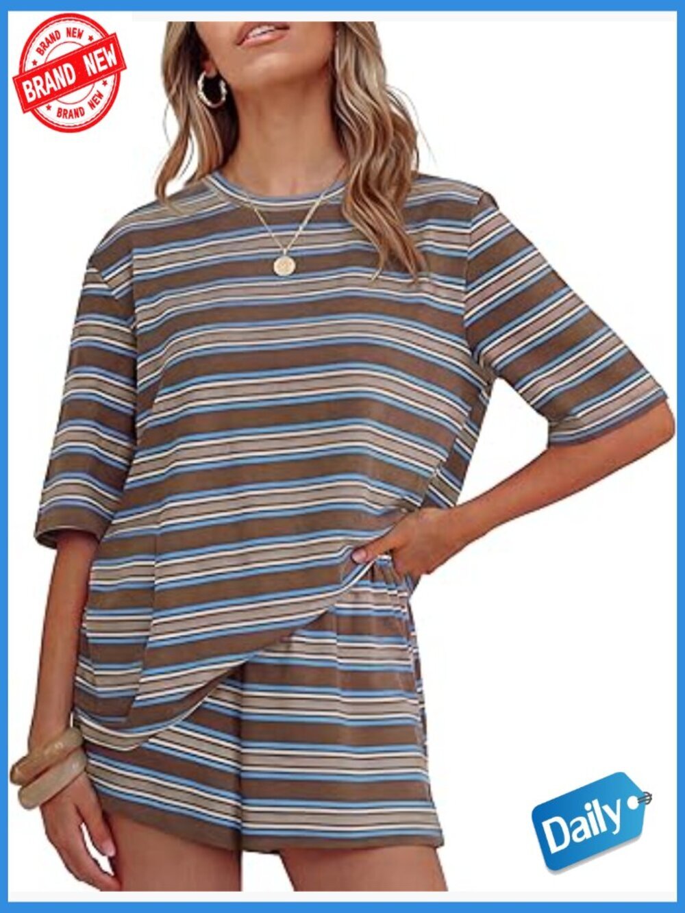Women's 2 Piece Short Set Striped Loose Fit Lounge Sets Summer Outfit